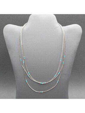 Vintage Sterling Liquid Silver Turquoise Necklace 16" Southwestern Multi Strand